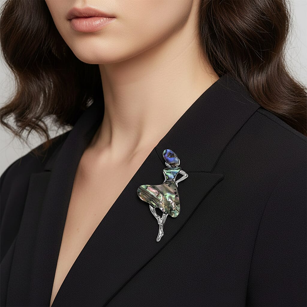 Abalone Shell Lady Brooch in White Silver Tone