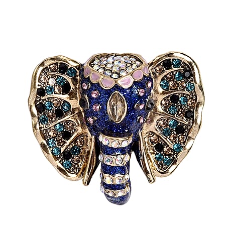 Multi Colour Crystal & Champagne Glass Elephant Brooch in Yellow Gold Tone with Enameled