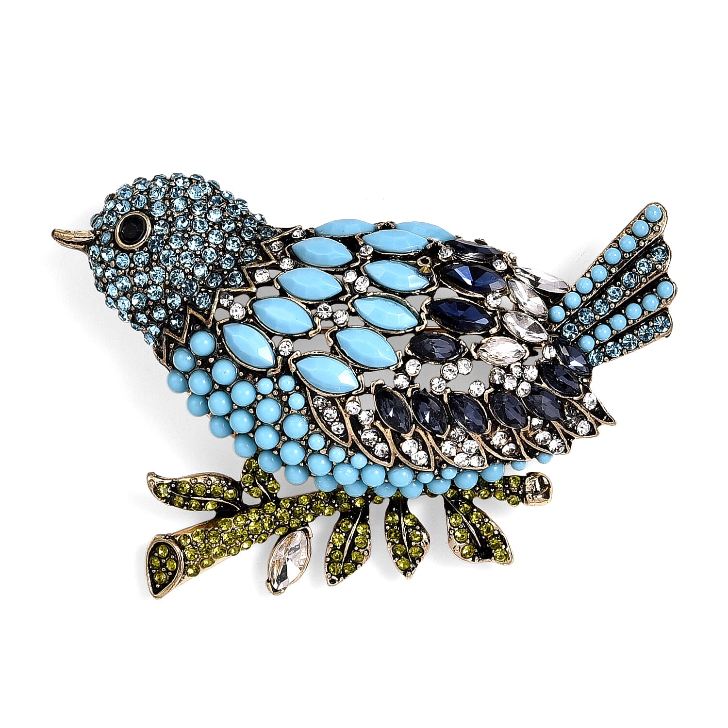 Multi Colour Crystal & Glass Bluebird Brooch in Antique Gold Tone