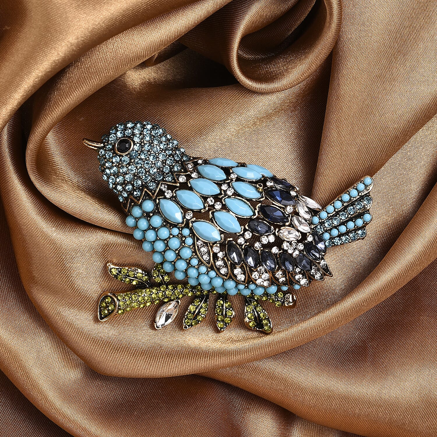 Multi Colour Crystal & Glass Bluebird Brooch in Antique Gold Tone