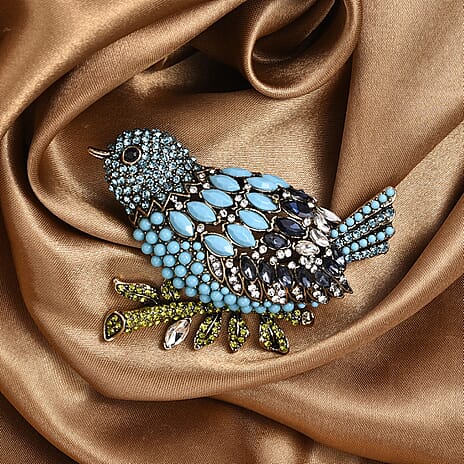 Multi Colour Crystal & Glass Bluebird Brooch in Antique Gold Tone