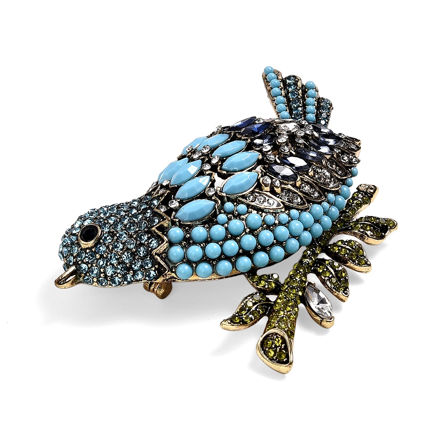 Multi Colour Crystal & Glass Bluebird Brooch in Antique Gold Tone
