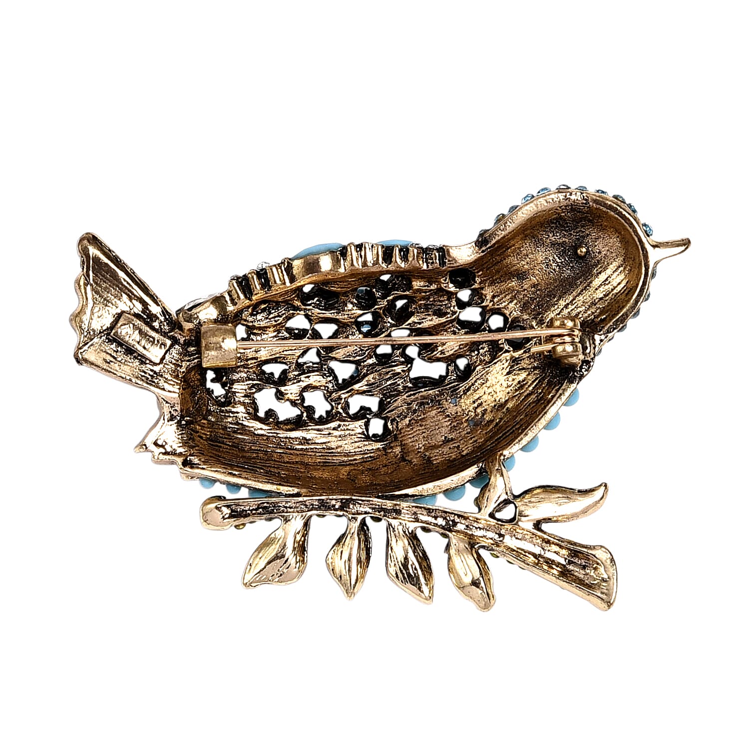Multi Colour Crystal & Glass Bluebird Brooch in Antique Gold Tone