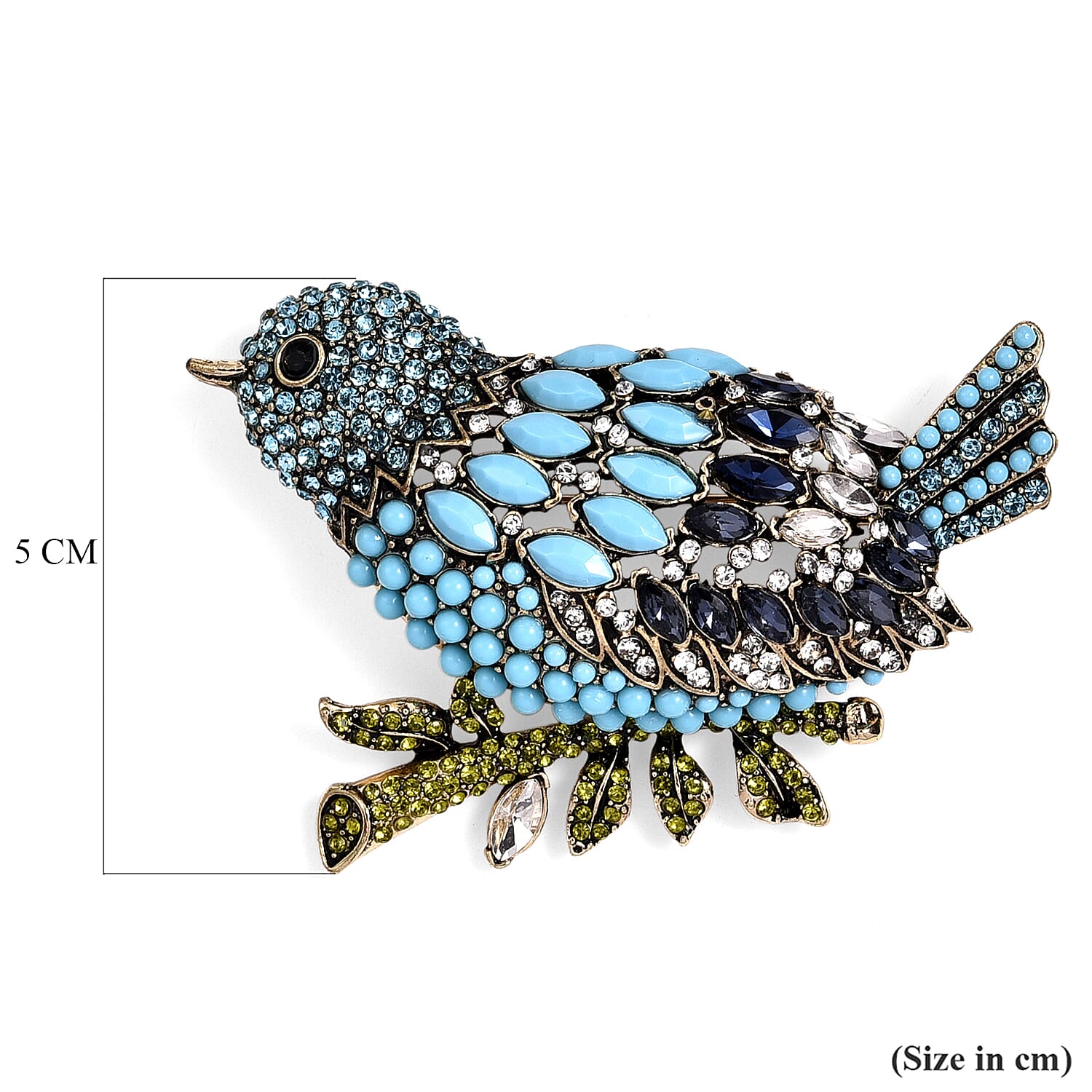 Multi Colour Crystal & Glass Bluebird Brooch in Antique Gold Tone