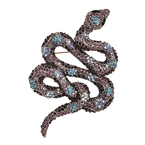 Multi Colour Crystal Snake Brooch in Antique Gold Tone