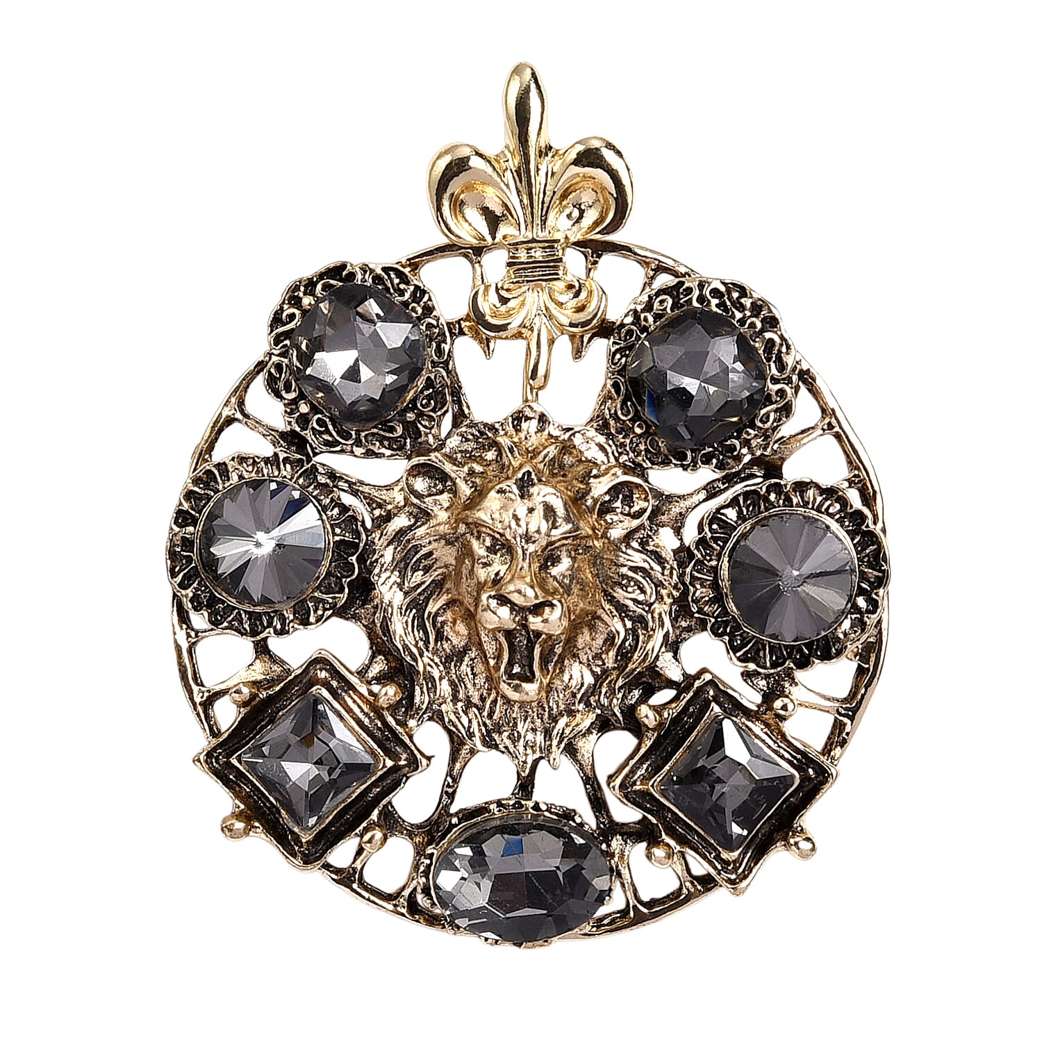 Grey Crystal Roaring Lion Brooch in Antique Gold Tone