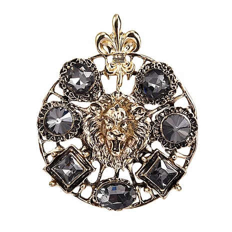 Grey Crystal Roaring Lion Brooch in Antique Gold Tone