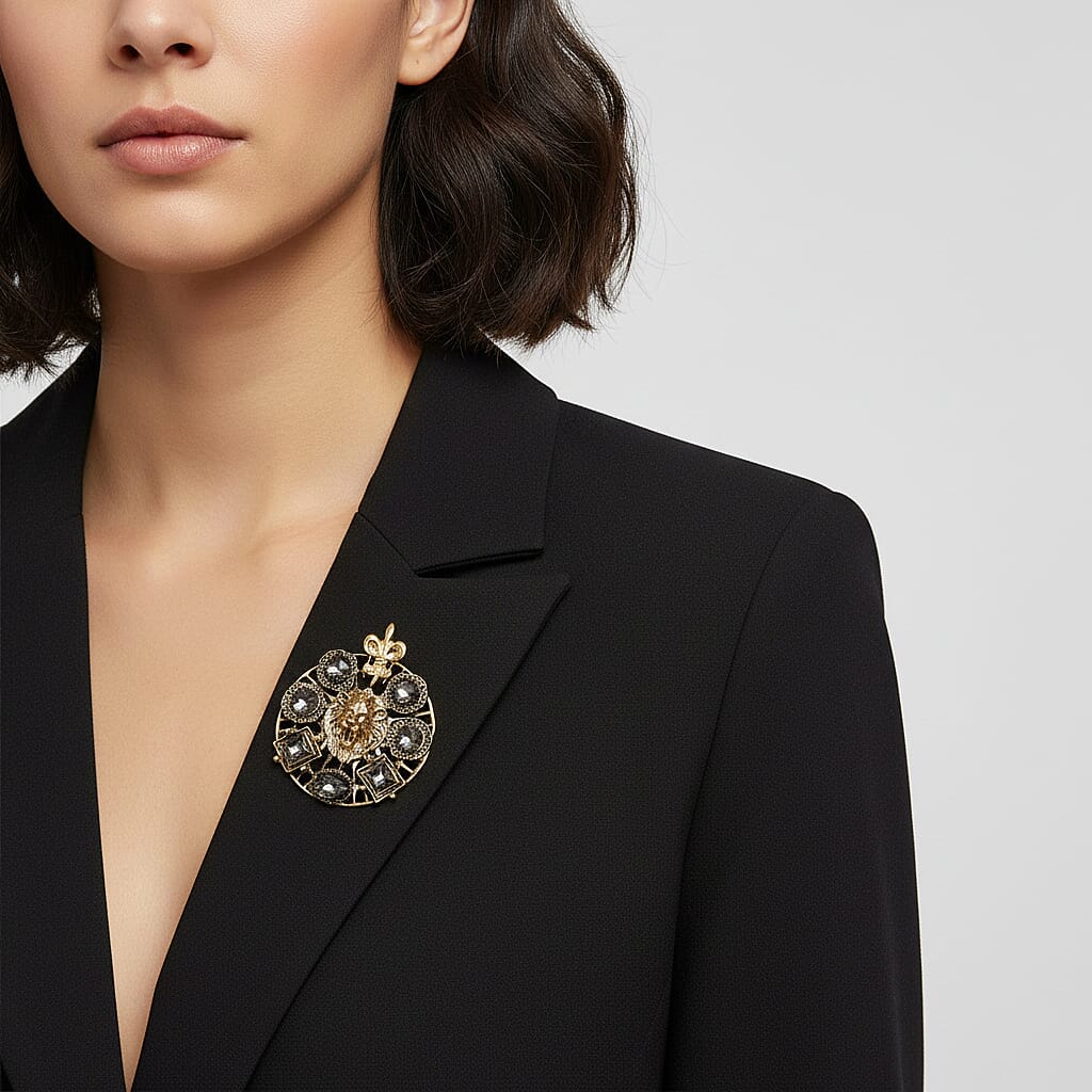 Grey Crystal Roaring Lion Brooch in Antique Gold Tone