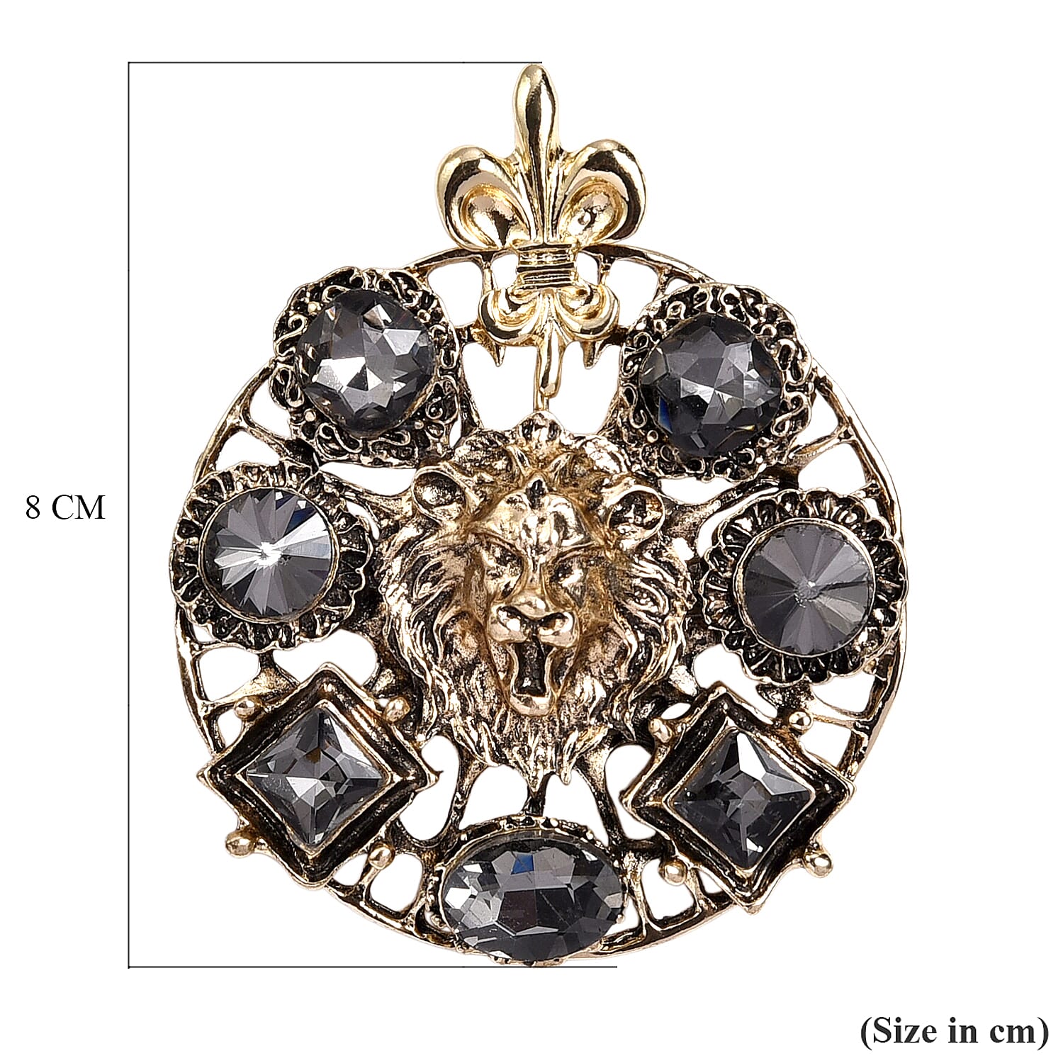 Grey Crystal Roaring Lion Brooch in Antique Gold Tone