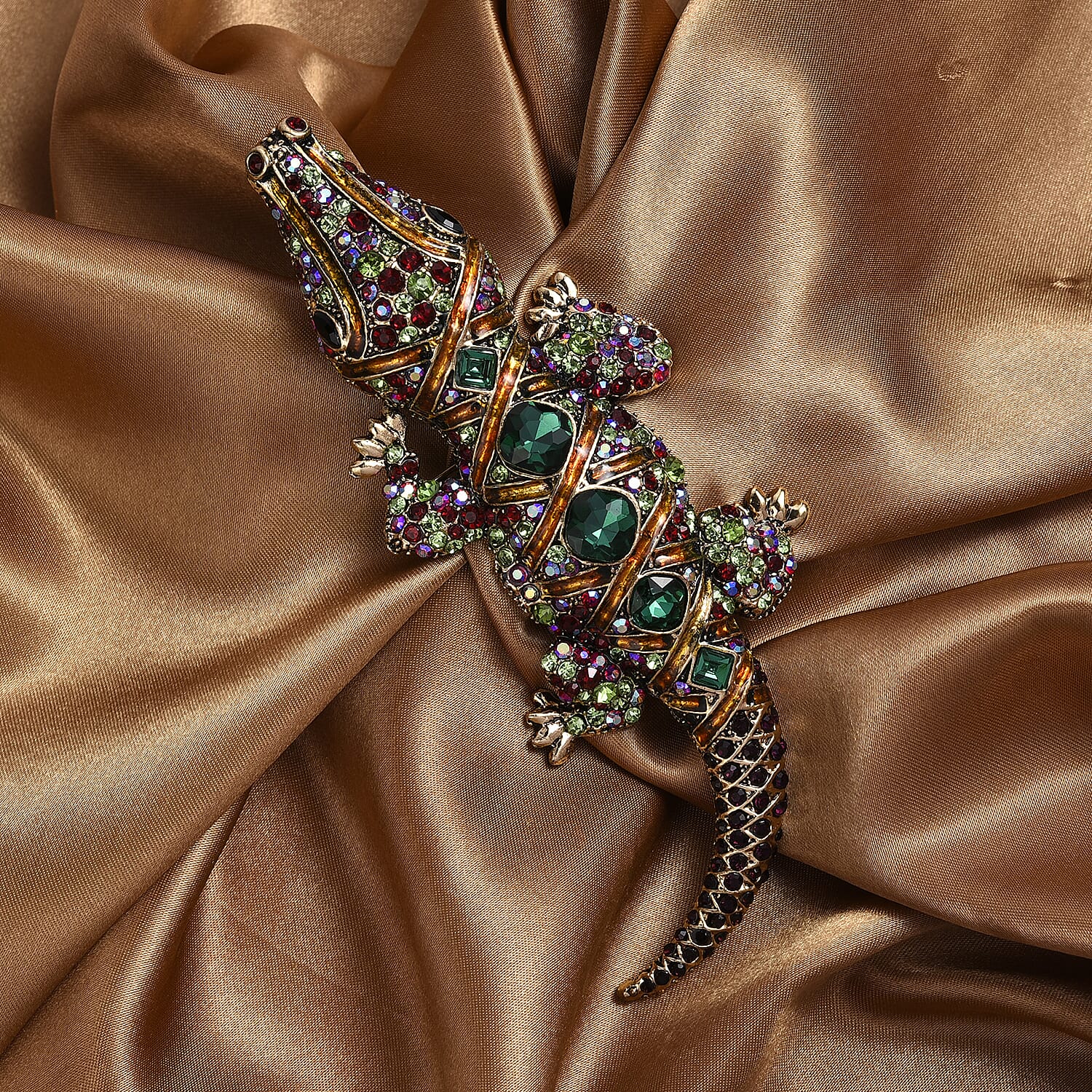 Multi Colour Crystal Regal Crocodile Brooch Cum Pendant in Antique Gold Tone with Enameled