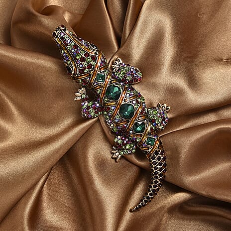 Multi Colour Crystal Regal Crocodile Brooch Cum Pendant in Antique Gold Tone with Enameled