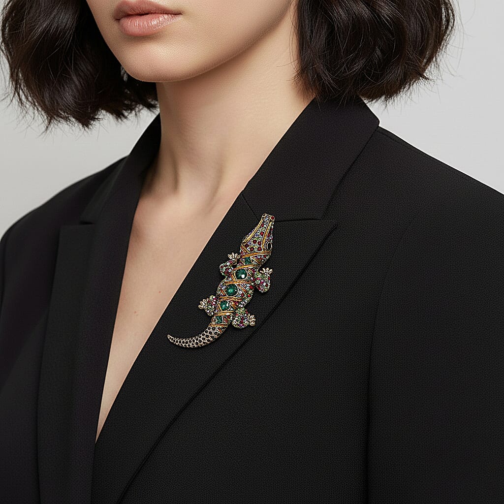 Multi Colour Crystal Regal Crocodile Brooch Cum Pendant in Antique Gold Tone with Enameled