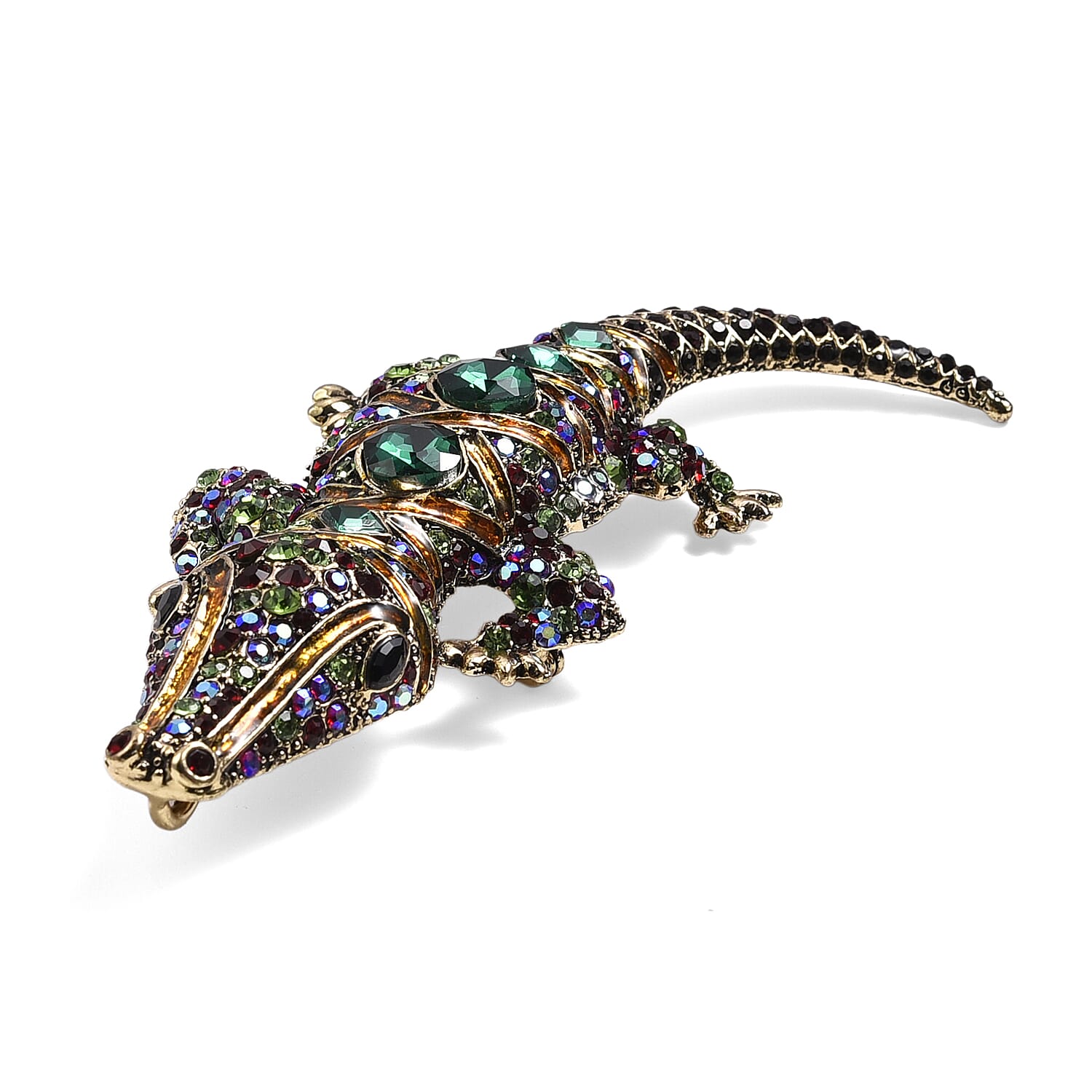 Multi Colour Crystal Regal Crocodile Brooch Cum Pendant in Antique Gold Tone with Enameled