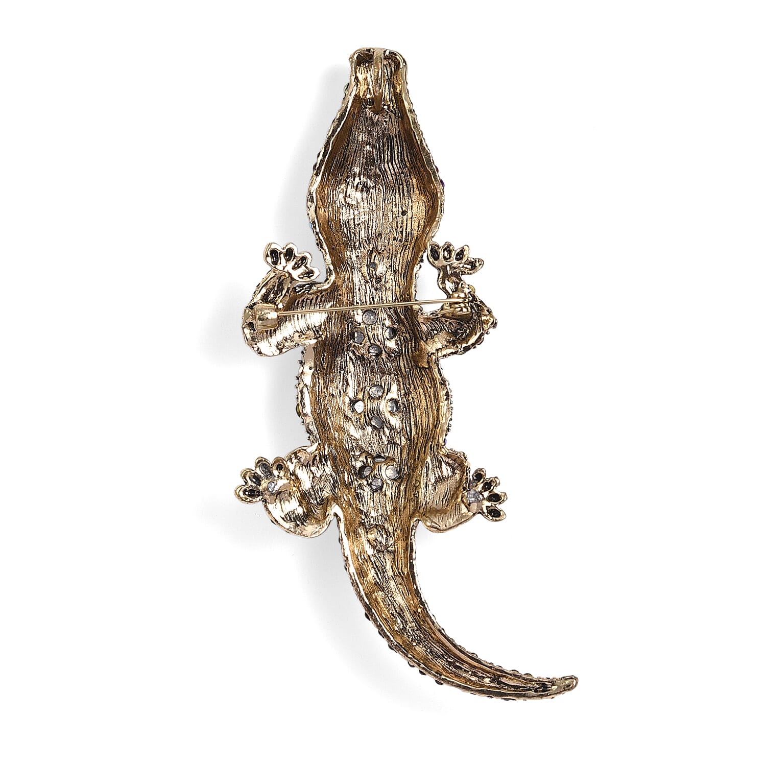 Multi Colour Crystal Regal Crocodile Brooch Cum Pendant in Antique Gold Tone with Enameled