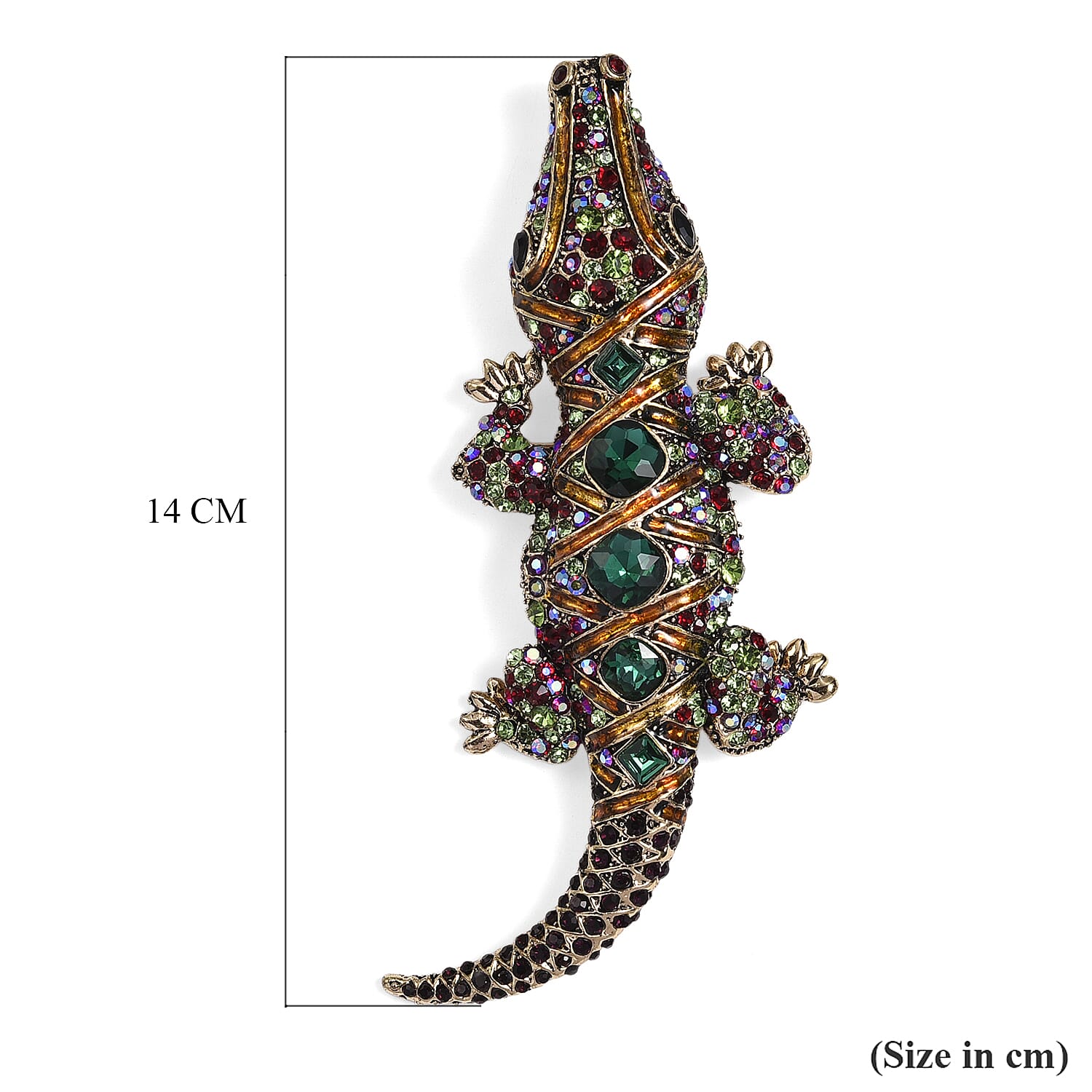 Multi Colour Crystal Regal Crocodile Brooch Cum Pendant in Antique Gold Tone with Enameled