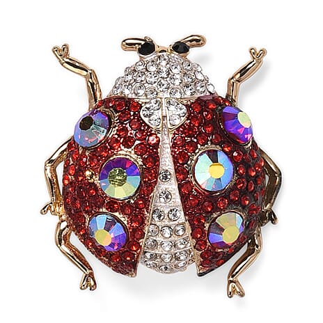 Multi Colour Crystal Ladybug Brooch in Yellow Gold Tone