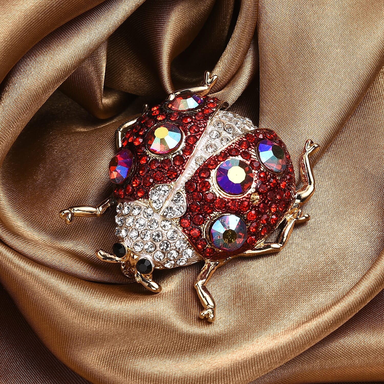 Multi Colour Crystal Ladybug Brooch in Yellow Gold Tone