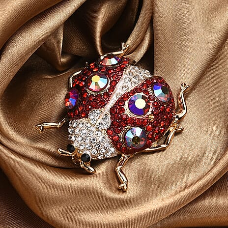 Multi Colour Crystal Ladybug Brooch in Yellow Gold Tone