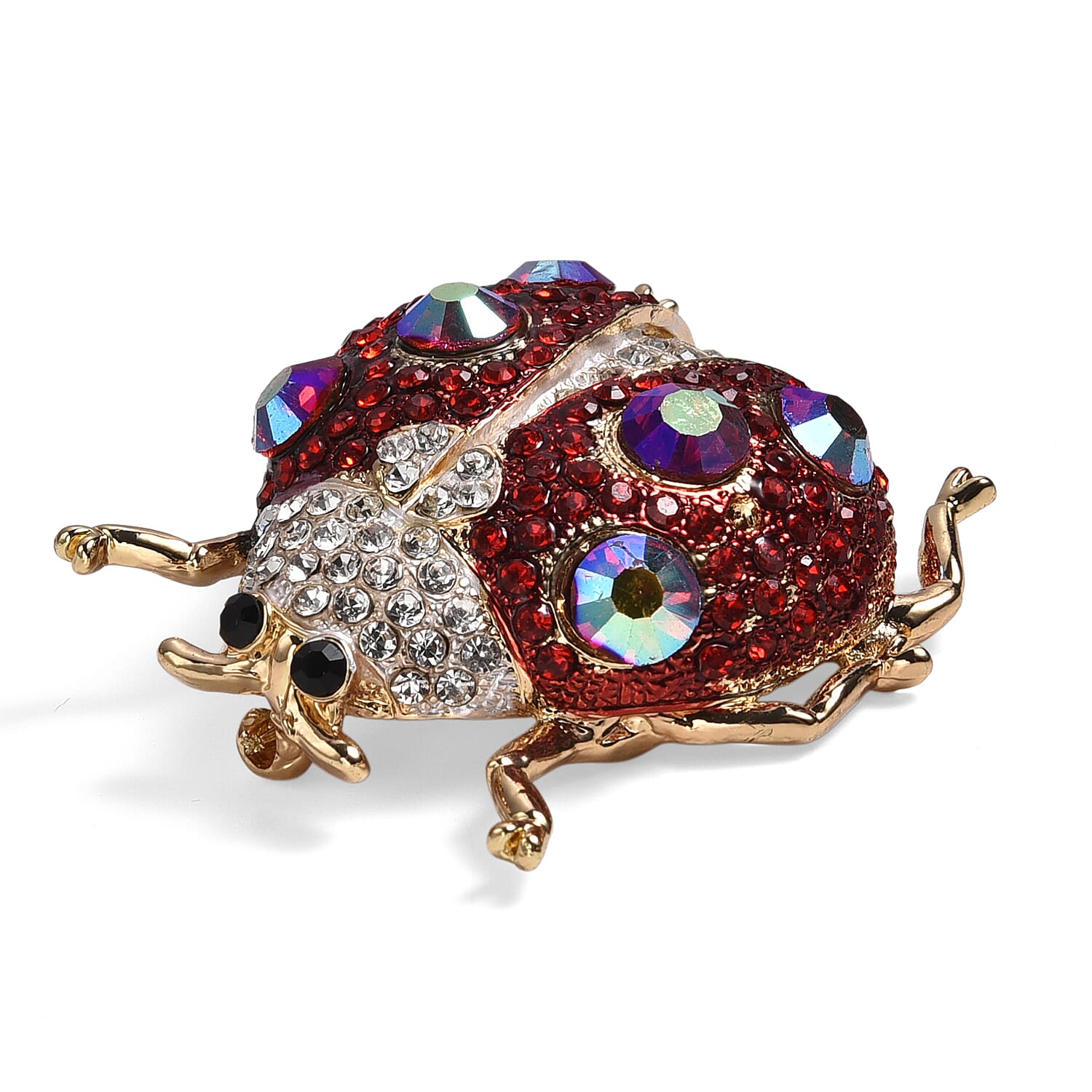 Multi Colour Crystal Ladybug Brooch in Yellow Gold Tone