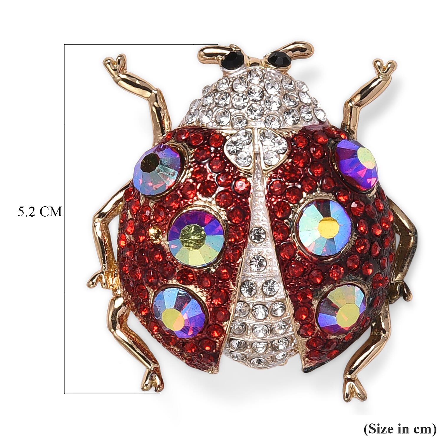 Multi Colour Crystal Ladybug Brooch in Yellow Gold Tone