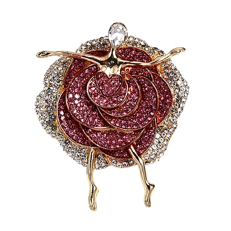 Pink Crystal, White Crystal & White Glass Graceful Dancer Brooch in Yellow Gold Tone with Enameled