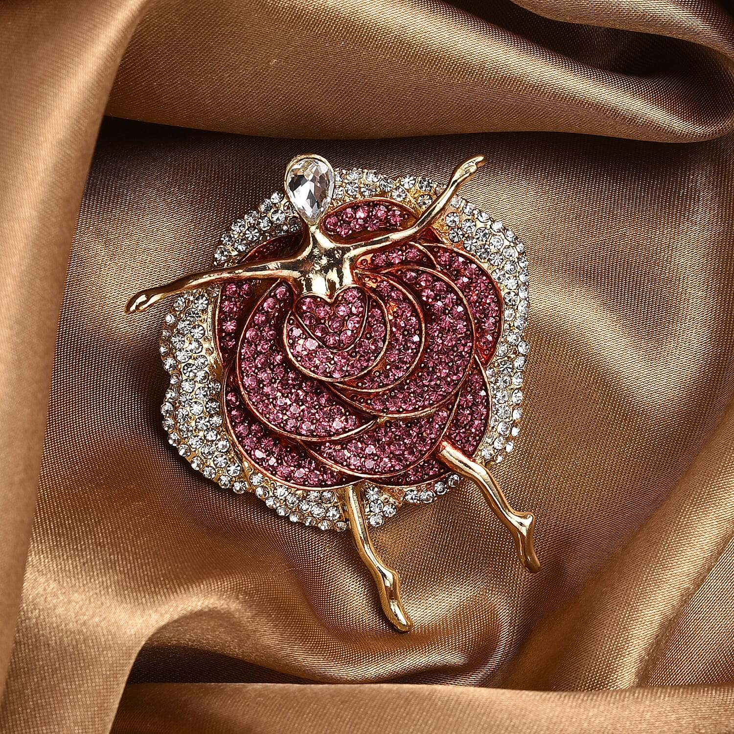 Pink Crystal, White Crystal & White Glass Graceful Dancer Brooch in Yellow Gold Tone with Enameled