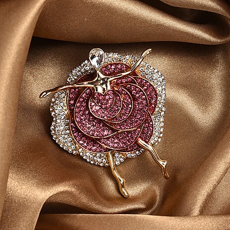 Pink Crystal, White Crystal & White Glass Graceful Dancer Brooch in Yellow Gold Tone with Enameled