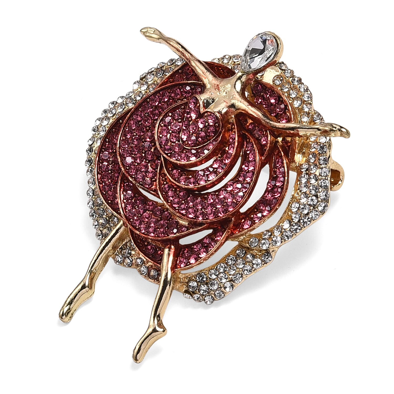 Pink Crystal, White Crystal & White Glass Graceful Dancer Brooch in Yellow Gold Tone with Enameled