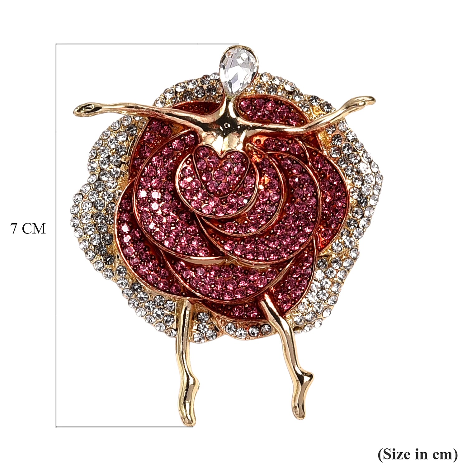 Pink Crystal, White Crystal & White Glass Graceful Dancer Brooch in Yellow Gold Tone with Enameled