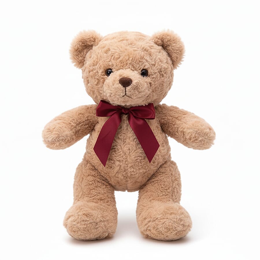 Teddy Bear Soft Toy with Red Ribbon Bow - Light Brown