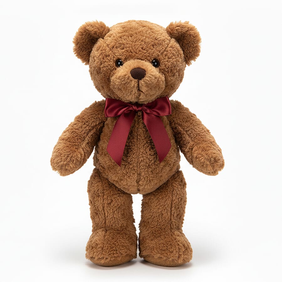 Teddy Bear Soft Toy with Red Ribbon Bow - Dark Brown