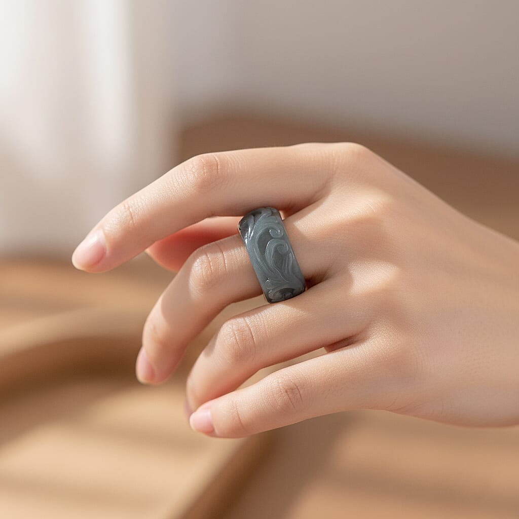 Natural Type A Jadeite Flower Carved Band Ring 50.00 Ct.