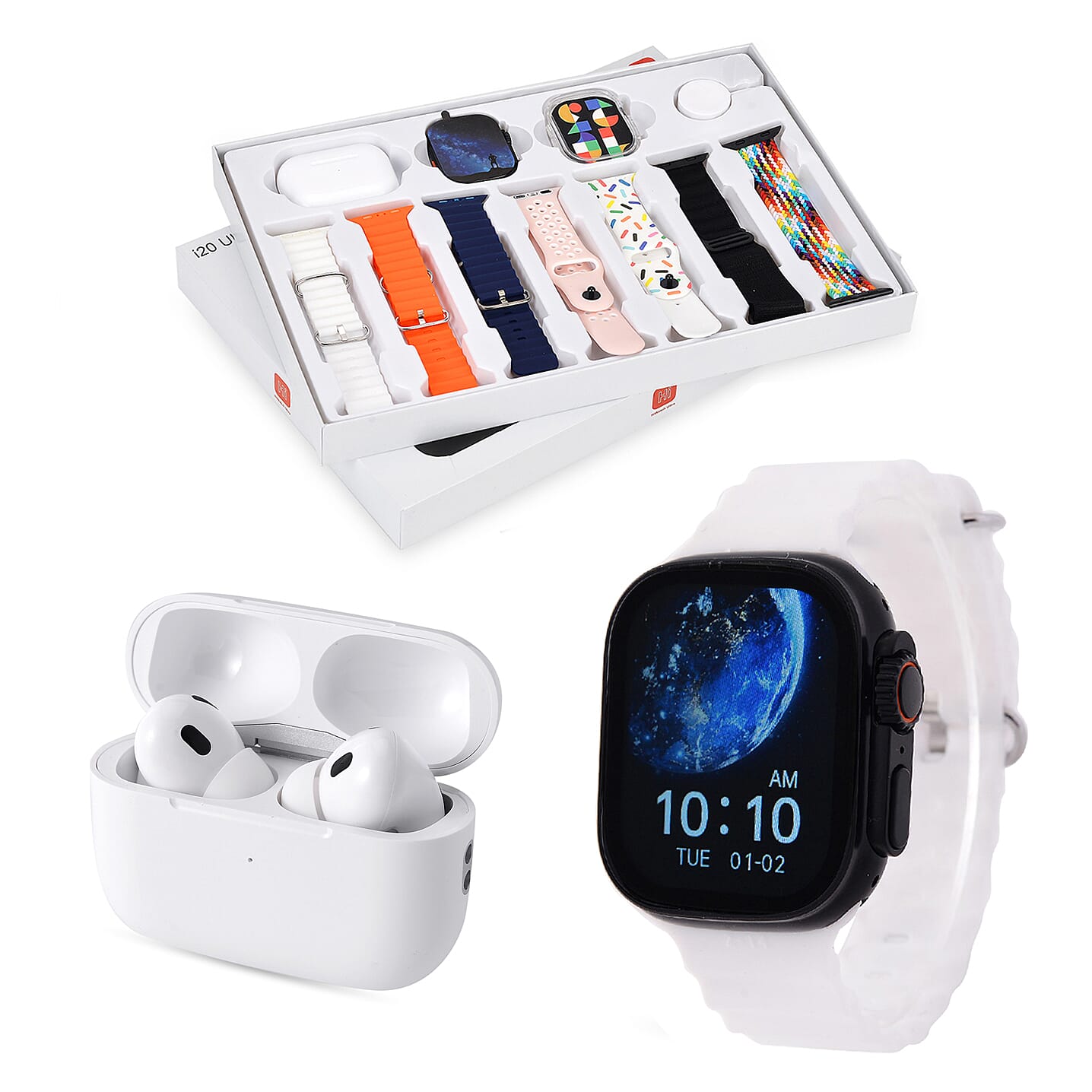 Closeout Deal - i20 Ultra 2 Max 10-in-1 Smartwatch Set with Earphones & 7 Strap, Compatible with Apple iOS and Android - Black
