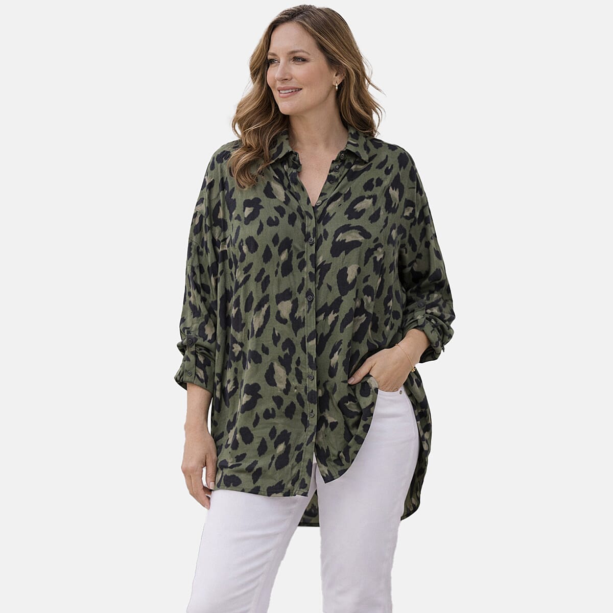 La Marey Relaxed Fit Leopard Print Shirt (Size 16-18) - Green