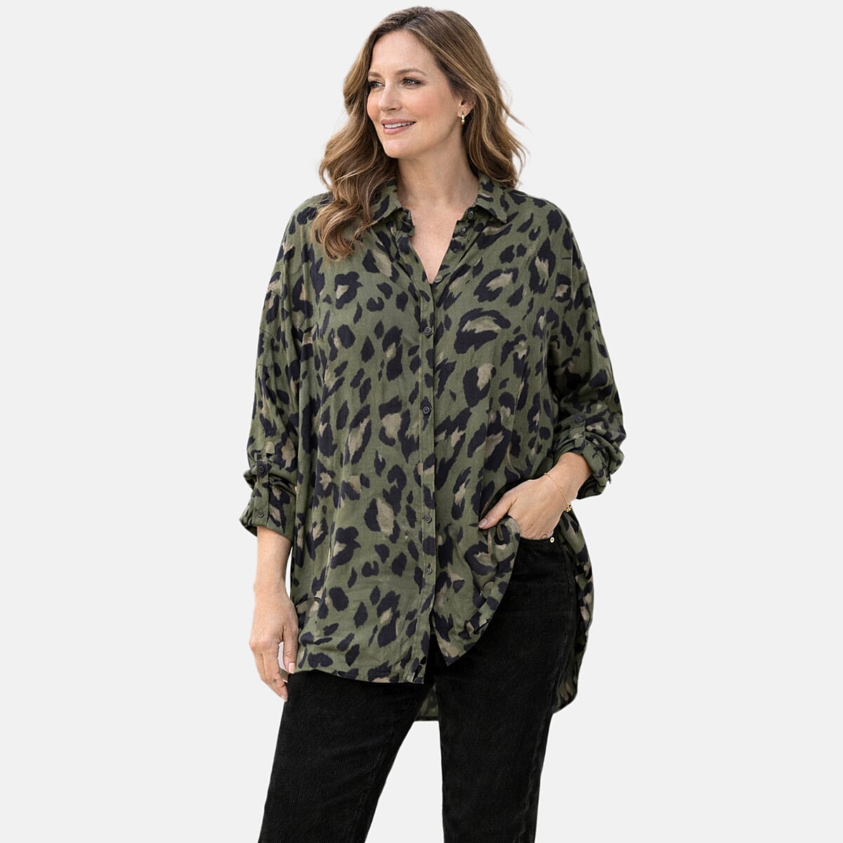 La Marey Relaxed Fit Leopard Print Shirt (Size 20 to 22) - Green