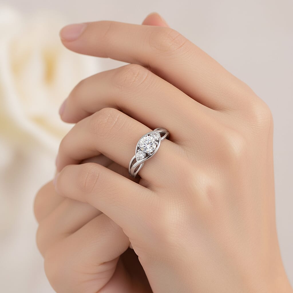 Moissanite Solitaire Ring in Platinum Overlay Sterling Silver