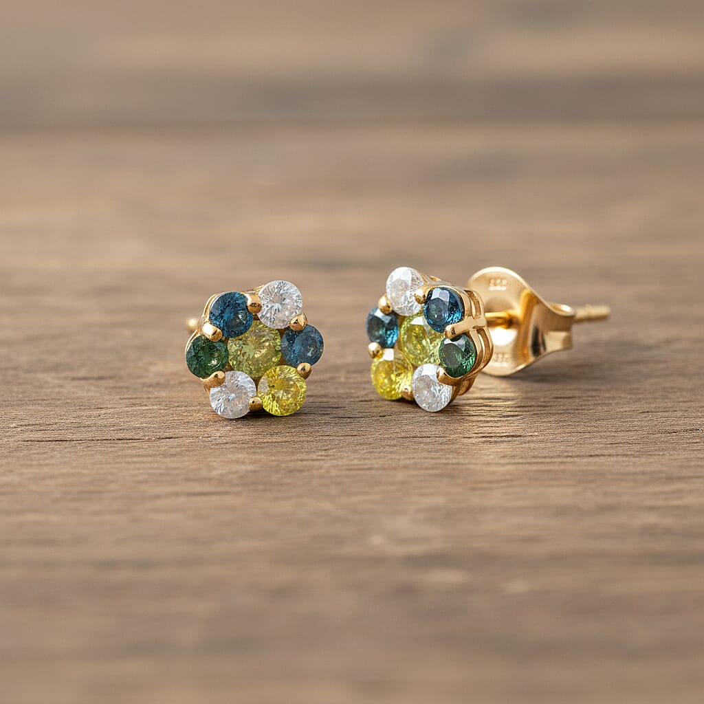 D'Joy Blue Diamond, Green Diamond, Yellow Diamond, White Diamond Earring in 18K YG VermeilSterling Silver  0.504  Ct.