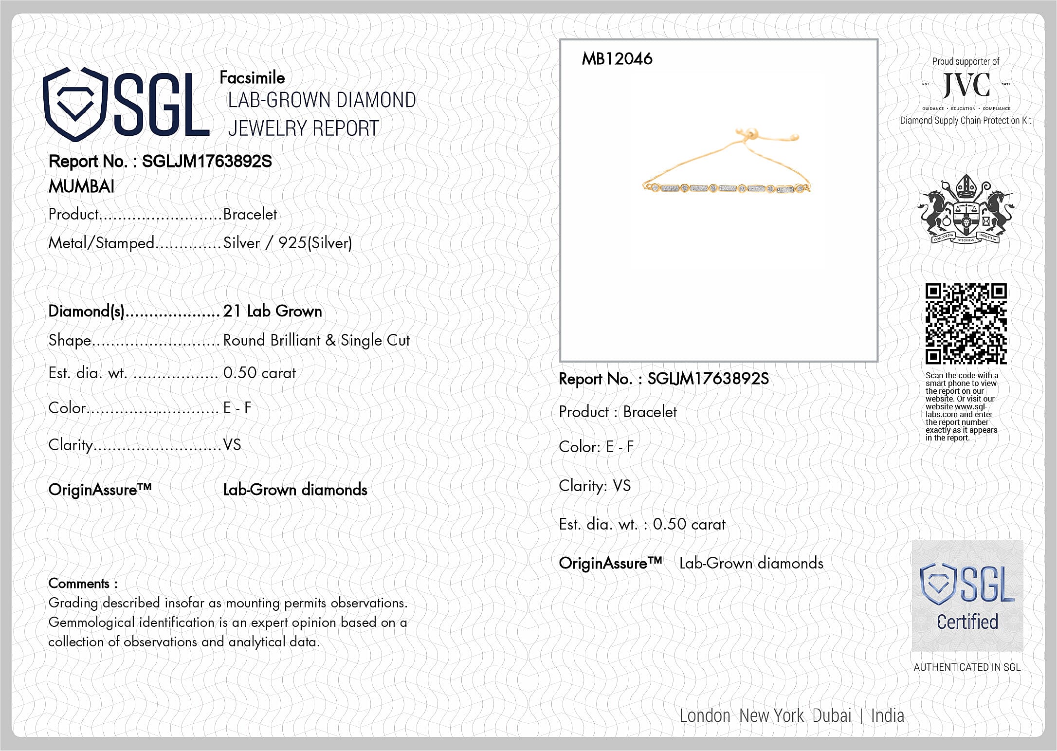 Luxuriant SGL Certified Lab Grown Diamond (VS-EF) Adjustable Bracelet (Size 6.5- 9.5) in 18K Vermeil Yellow Gold Plated Sterling Silver 0.50 Ct.