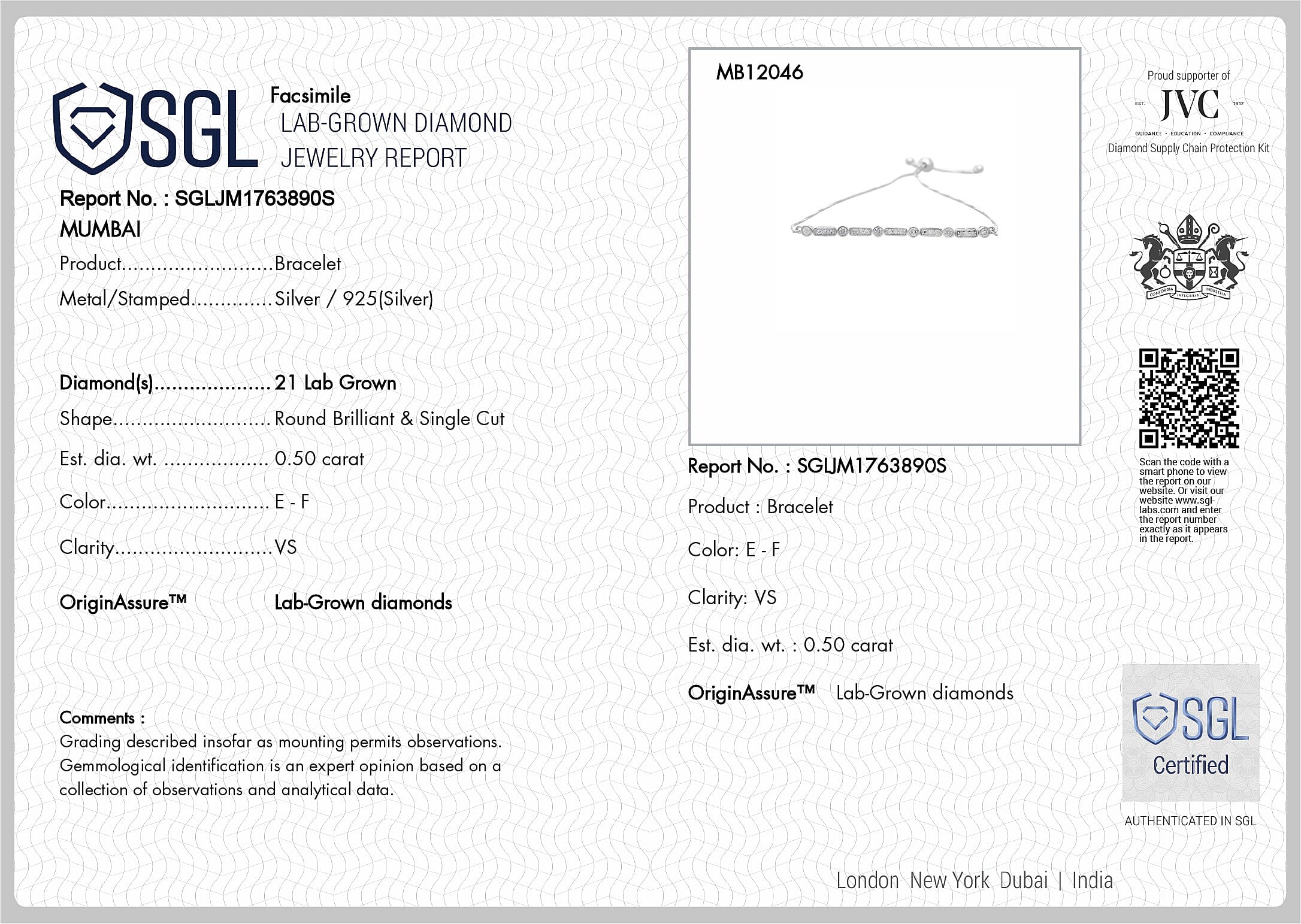 Luxuriant SGL Certified Lab Grown Diamond (VS-EF) Adjustable Bracelet (Size 6.5- 9.5) in Rhodium Overlay Sterling Silver 0.50 Ct.