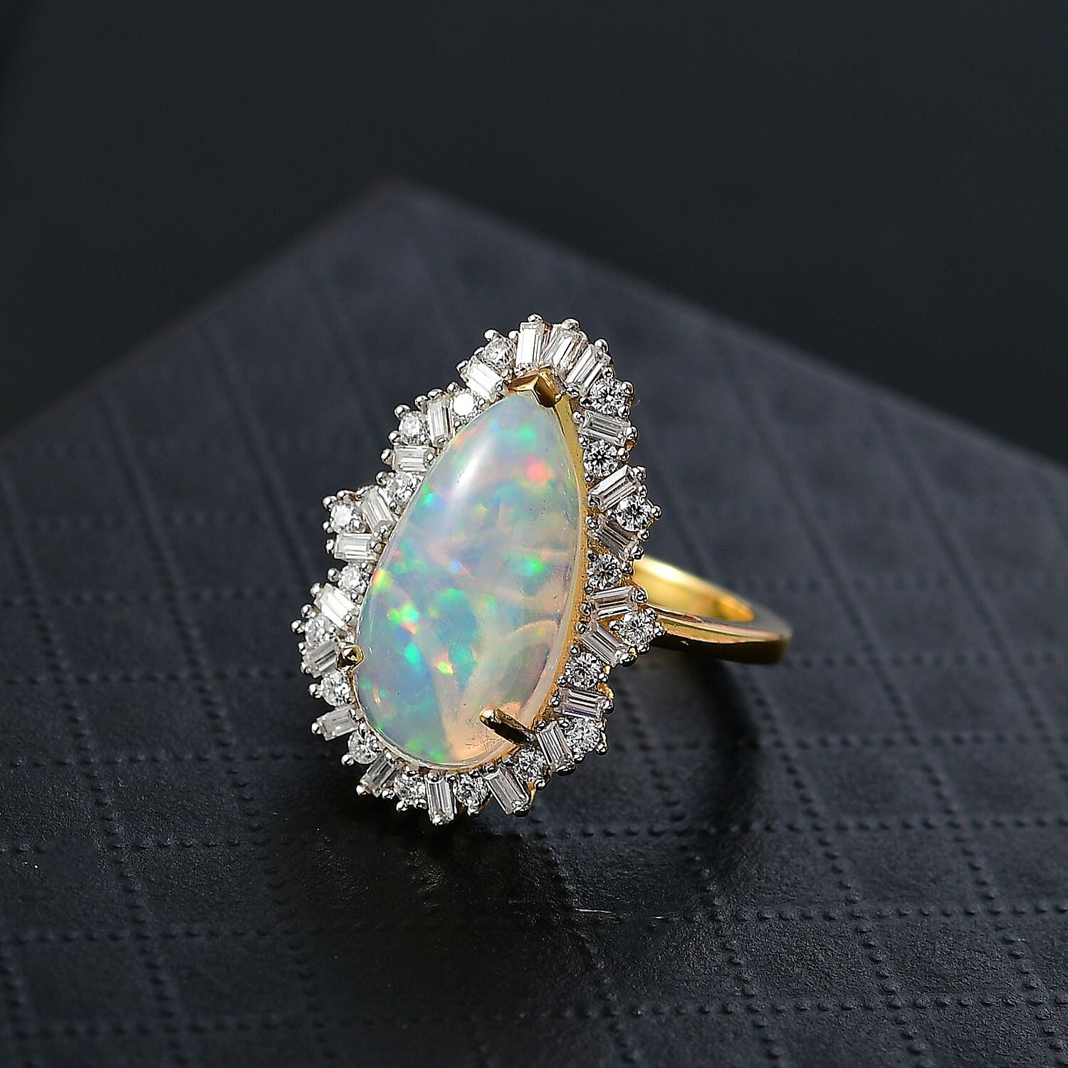 AAA Ethiopian Welo Opal & Moissanite Fire Cracker Ring in 18K Yellow Gold Vermeil Sterling Silver 4.75 Ct.