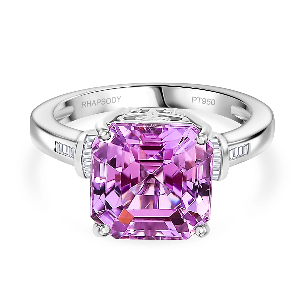 Rhapsody 950 Platinum AAAA Kunzite & Natural White Diamond (VS-EF) Ring 5.90 Ct, Platinum Wt. 6.90 Gms.