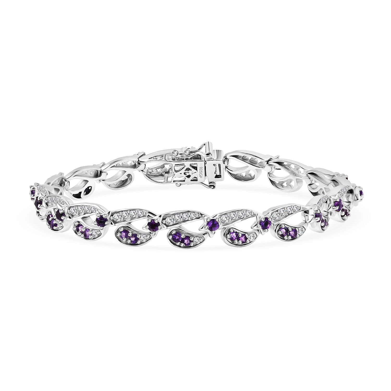 GP- Celestial Dream Collection African Amethyst, Blue Sapphire & White Zircon Motif Linked Bracelet (Size 7.5) with GB Lock Box in Rhodium Overlay Sterling Silver 3.54 Ct, Silver Wt. 17.27 Gms.