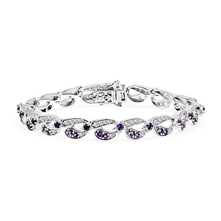 GP- Celestial Dream Collection African Amethyst, Blue Sapphire & White Zircon Motif Linked Bracelet (Size 7.5) with GB Lock Box in Rhodium Overlay Sterling Silver 3.54 Ct, Silver Wt. 17.27 Gms.