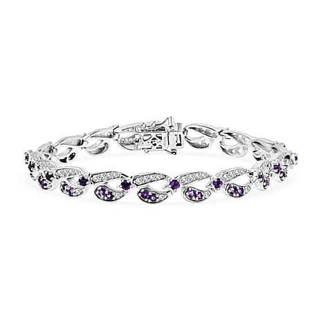 GP- Celestial Dream Collection African Amethyst, Blue Sapphire & White Zircon Motif Linked Bracelet (Size 7.5) with GB Lock Box in Rhodium Overlay Sterling Silver 3.54 Ct, Silver Wt. 17.27 Gms.