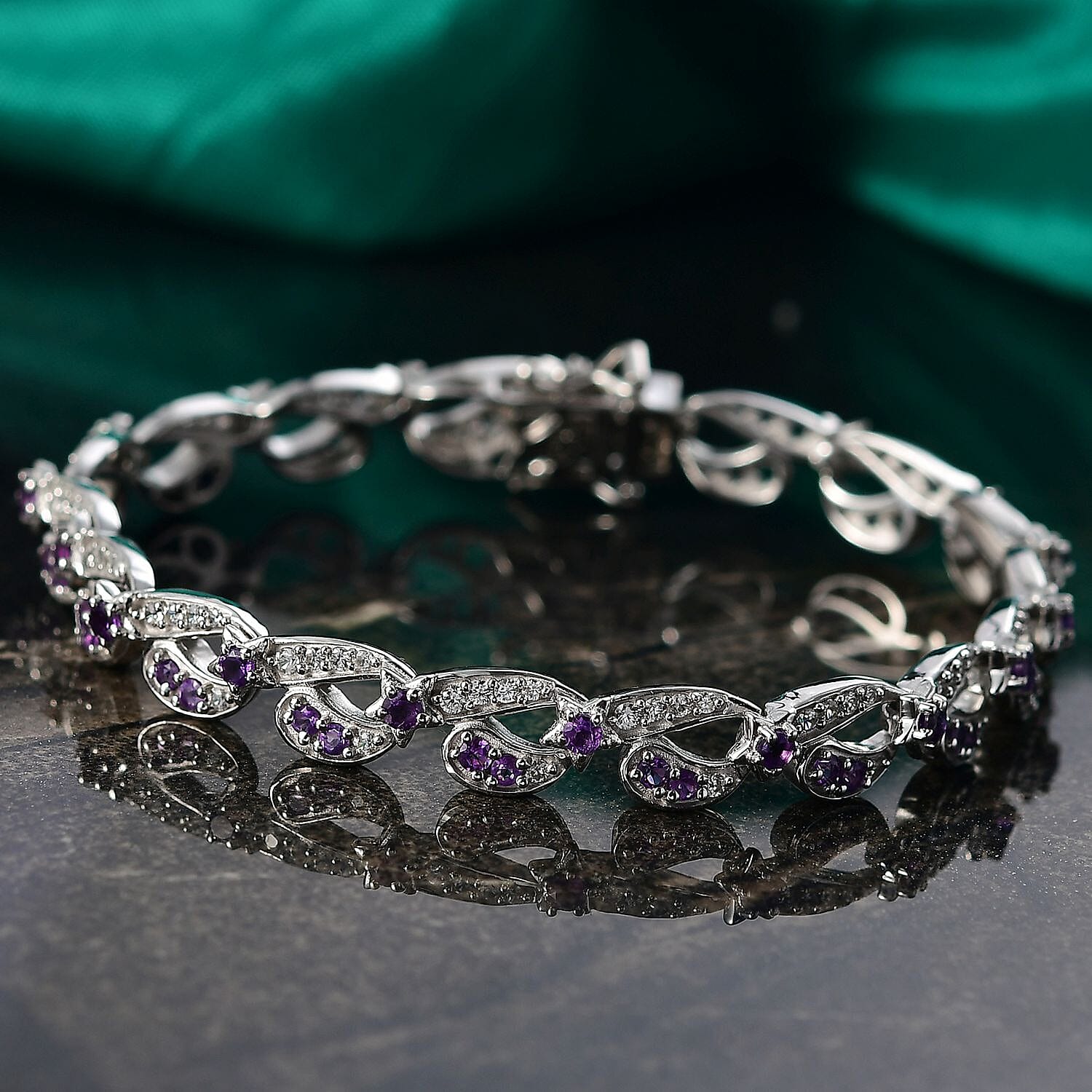 GP- Celestial Dream Collection African Amethyst, Blue Sapphire & White Zircon Motif Linked Bracelet (Size 7.5) with GB Lock Box in Rhodium Overlay Sterling Silver 3.54 Ct, Silver Wt. 17.27 Gms.