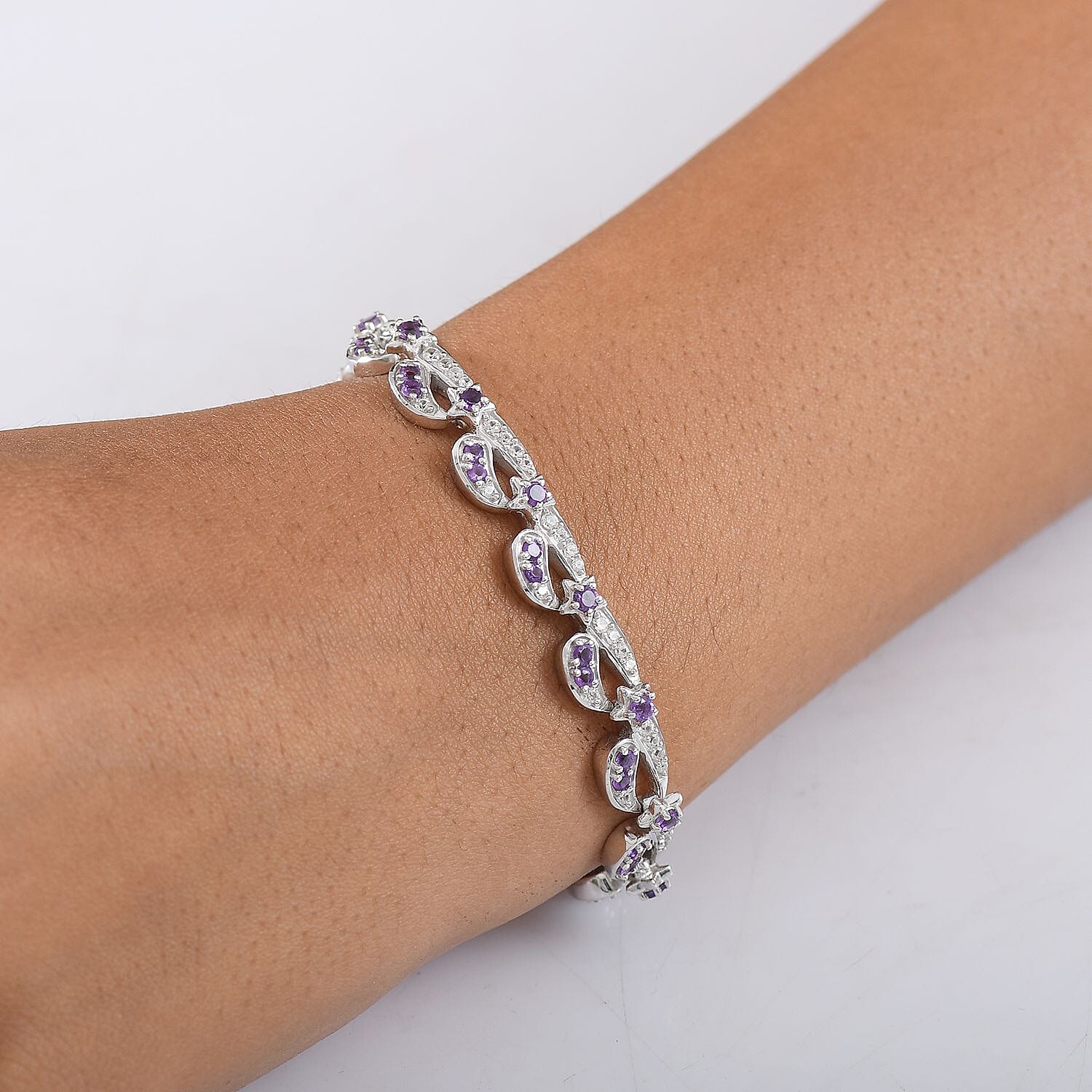 GP- Celestial Dream Collection African Amethyst, Blue Sapphire & White Zircon Motif Linked Bracelet (Size 7.5) with GB Lock Box in Rhodium Overlay Sterling Silver 3.54 Ct, Silver Wt. 17.27 Gms.