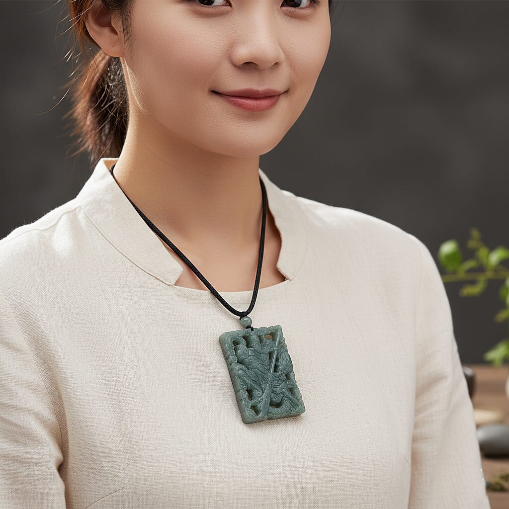 Natural Type A Jadeite Warrior Necklace with Black Cord (Size 28) 195.00 Ct.