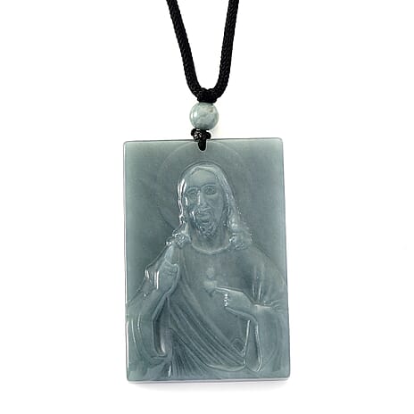 Natural Type A Jadeite Jesus Necklace with Black Cord (Size 28) 150.00 Ct.