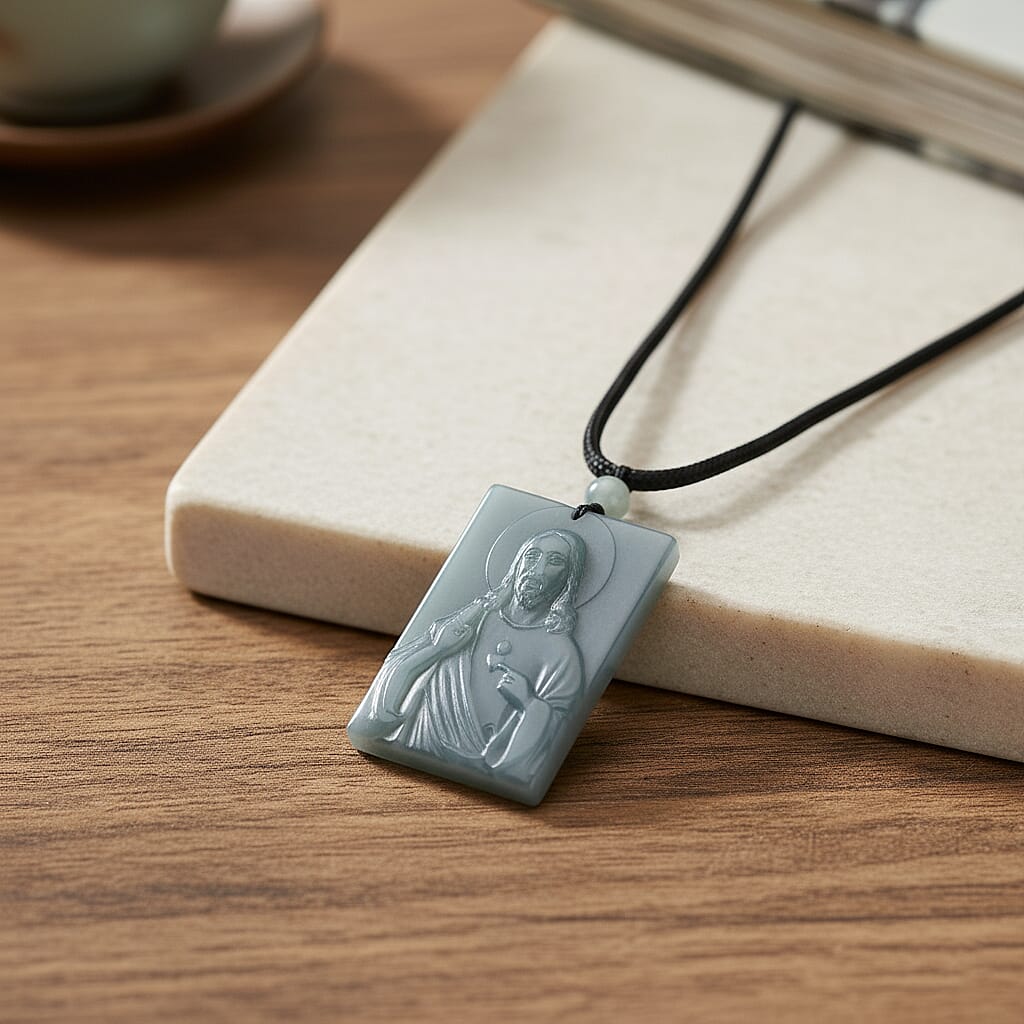 Natural Type A Jadeite Jesus Necklace with Black Cord (Size 28) 150.00 Ct.