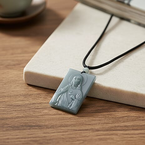 Natural Type A Jadeite Jesus Necklace with Black Cord (Size 28) 150.00 Ct.